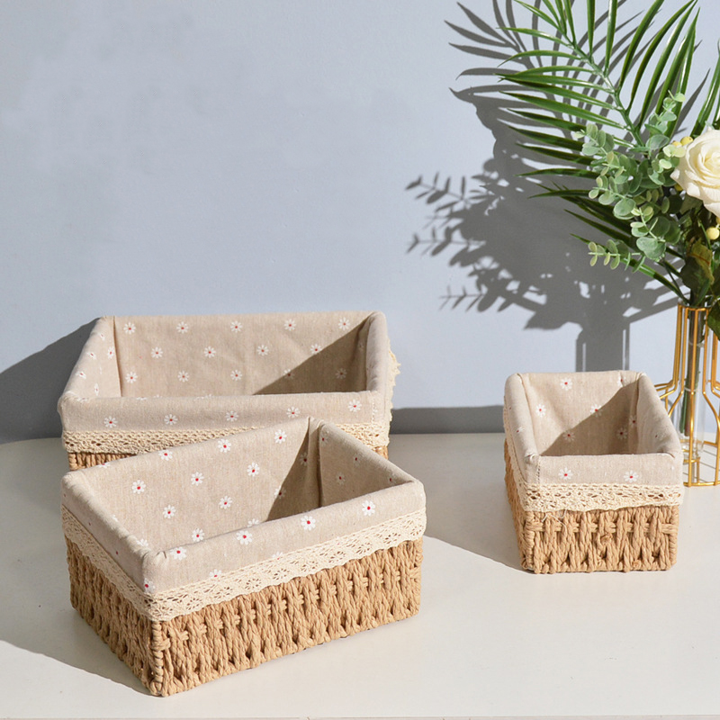 Giỏ Cói, Rổ Cói Vintage Có Vải Lót Hình Chữ Nhật  - Phù Hợp Để Phòng Khách, Đựng Đồ Trang Tri Bàn Làm Việc Gọn Gàng Xinh Xắn