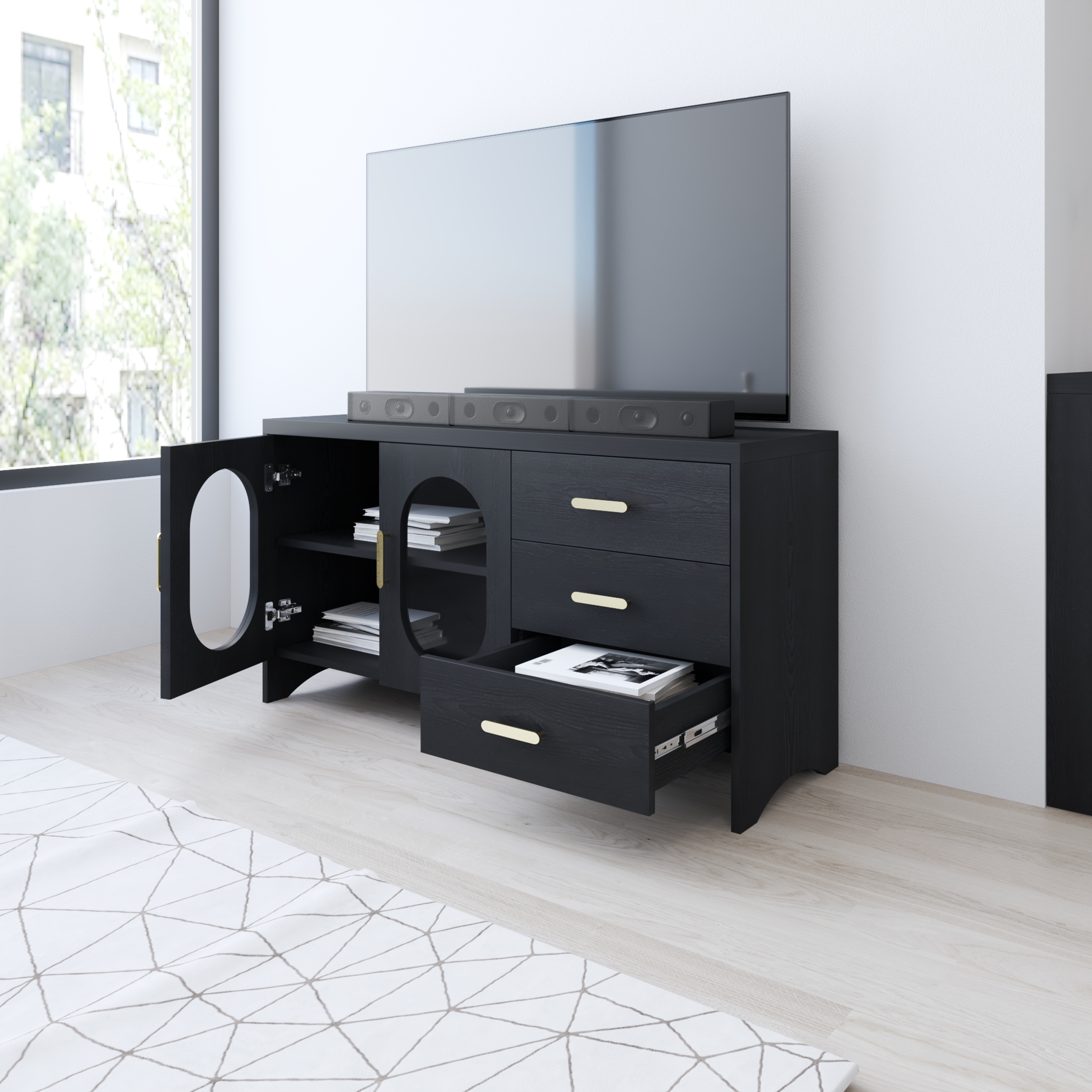 HAPPY FURNITURE , Kệ TV 2 cửa kính 3 ngăn kéo - CHEVY, KTV_077 , 120cm x 40cm x 64cm DxRxC