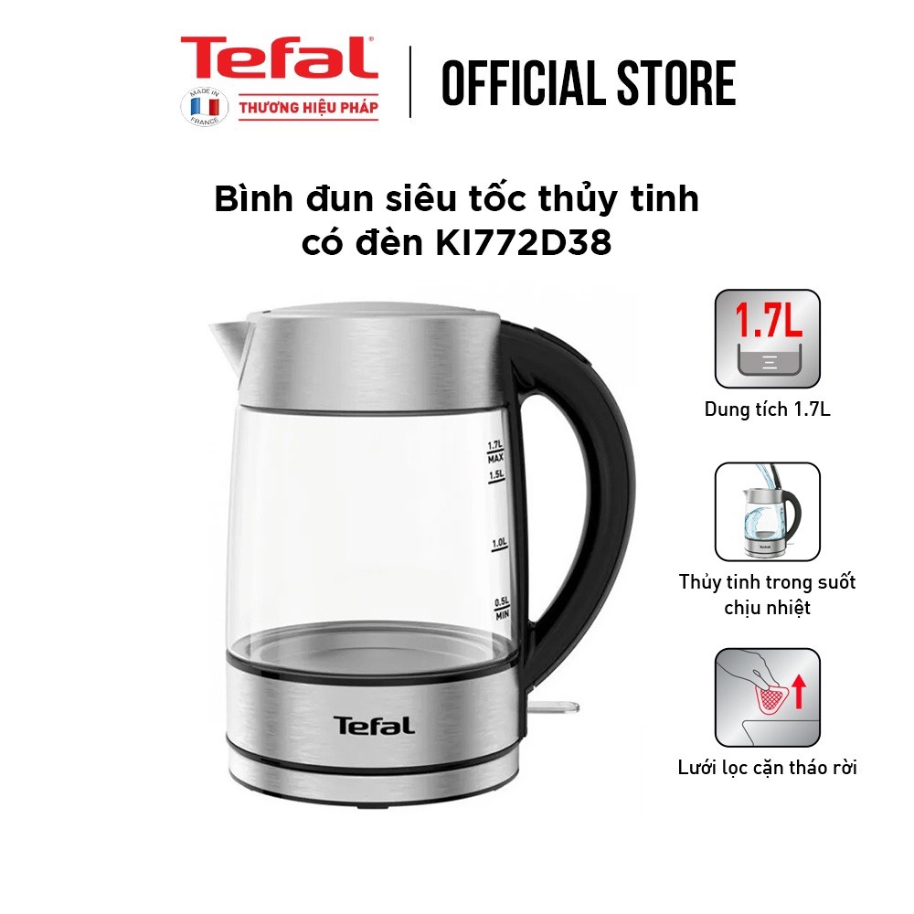 Bình đun siêu tốc thủy tinh 1.7L Tefal KI772D38 - 2400W - Hàng chính hãng