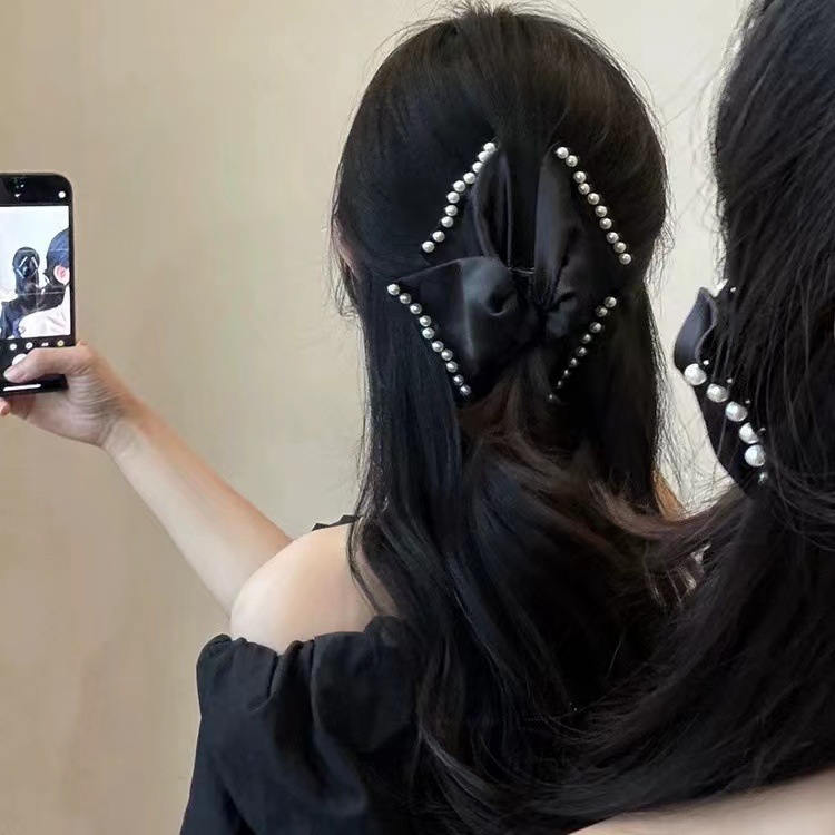 Kẹp tóc càng cua nơ màu đen đính ngọc thanh lịch, kẹp tóc nữ