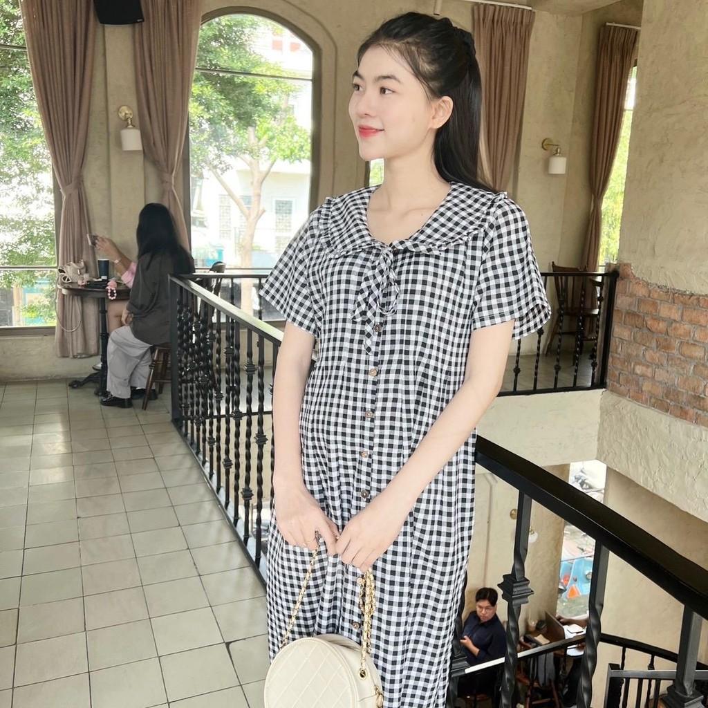 Đầm bầu karo cổ bèo thắt nơ dáng suông dễ thương, trẻ trung, năng động - Nâu