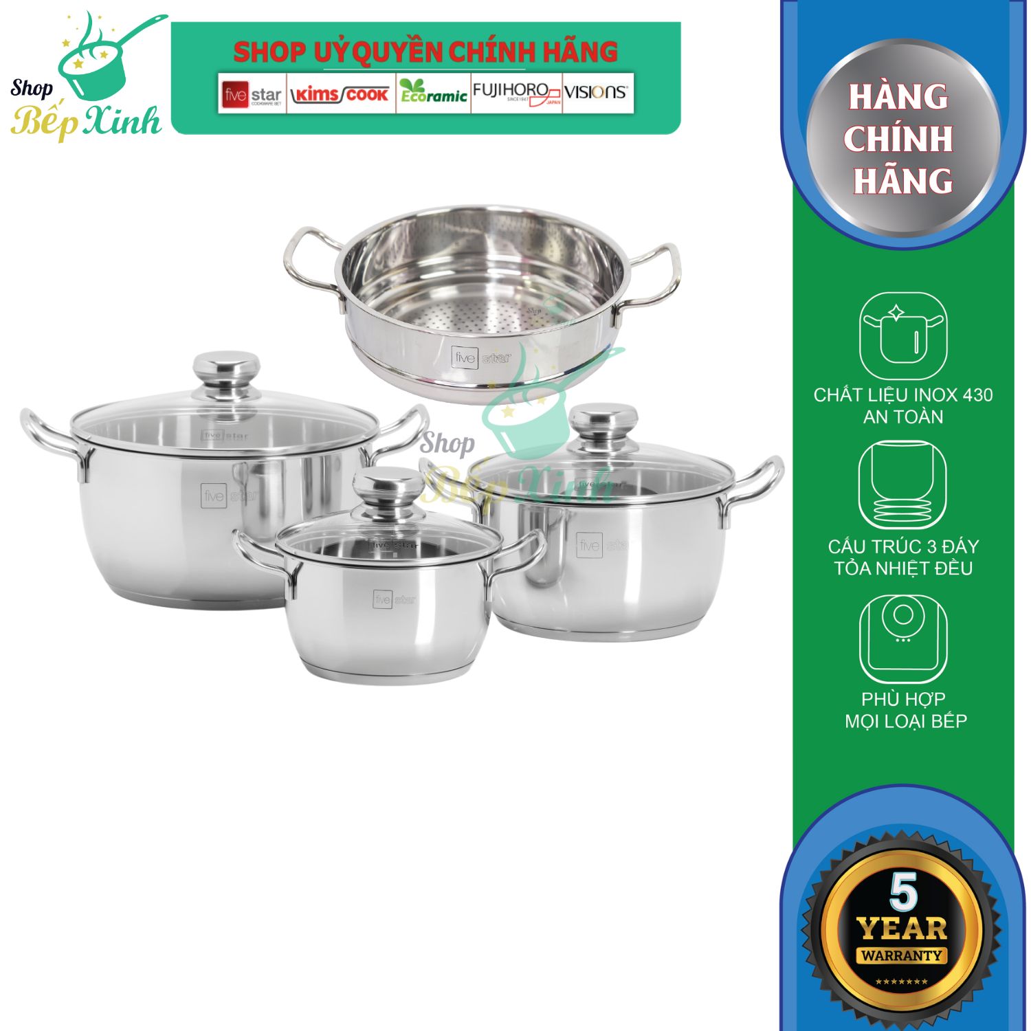 Bộ nồi xửng cao cấp Fivestar 4 món 3 đáy từ , nắp kính ( tặng 1 sạn inox )