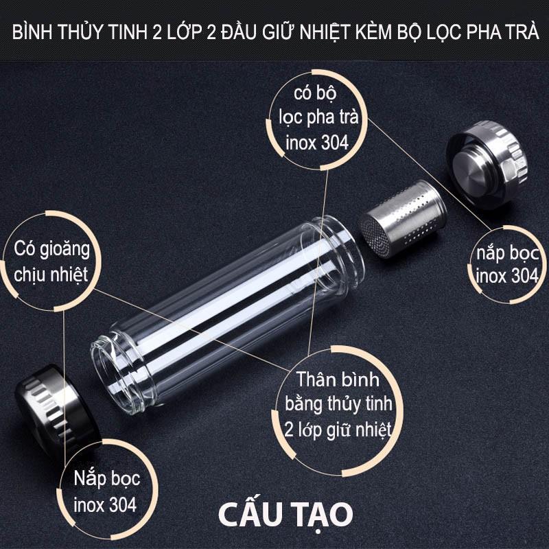 Bình thủy tinh 2 lớp 2 đầu có bộ lọc pha trà nắp có gân chống trơn