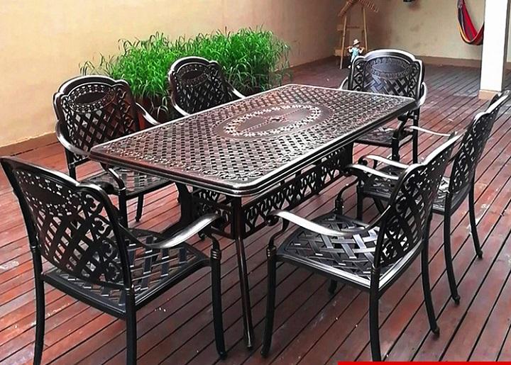 Bàn ghế nhôm đúc ngoài trời, bộ bàn dài 6 ghế