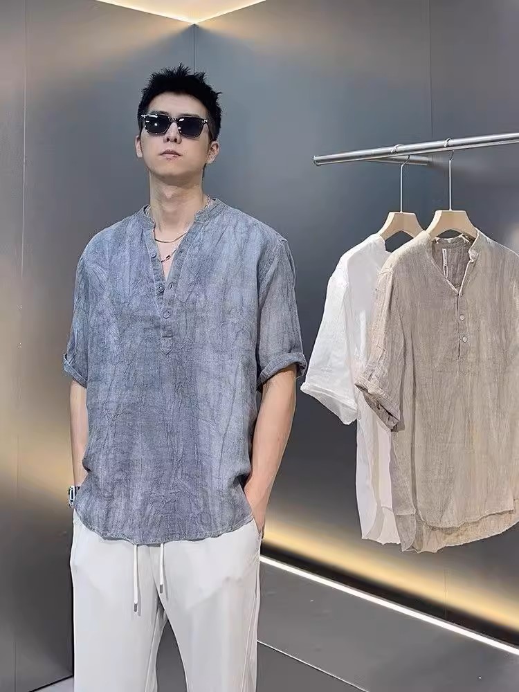 Áo sơ mi đũi nam retro ngắn tay cổ tàu mẫu mới cao cấp