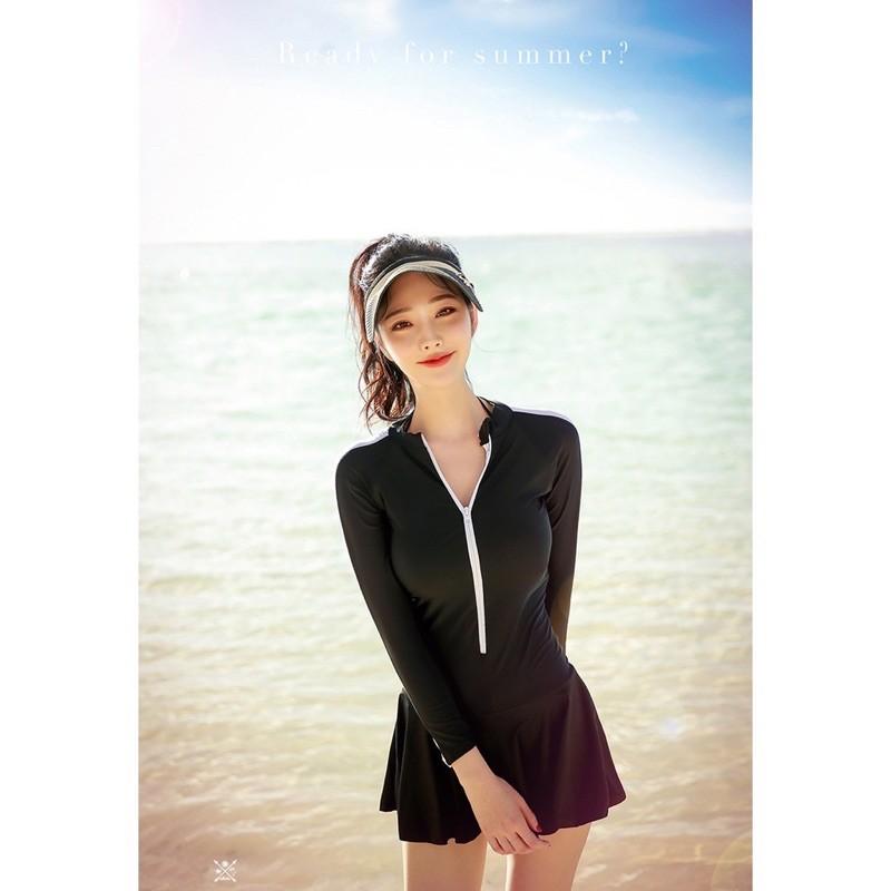 Bikini đi biển kín đáo 1 mảnh liền váy - Đồ bơi nữ tay dài liền thân có quần bên trong - shopnabi TD1MLV_DKTS