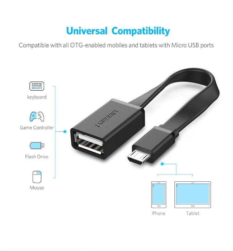 Ugreen UG10821US133TK 10CM màu Đen Cáp chuyển đổi MICRO USB sang USB âm hỗ trợ OTG dáng dẹt - HÀNG CHÍNH HÃNG