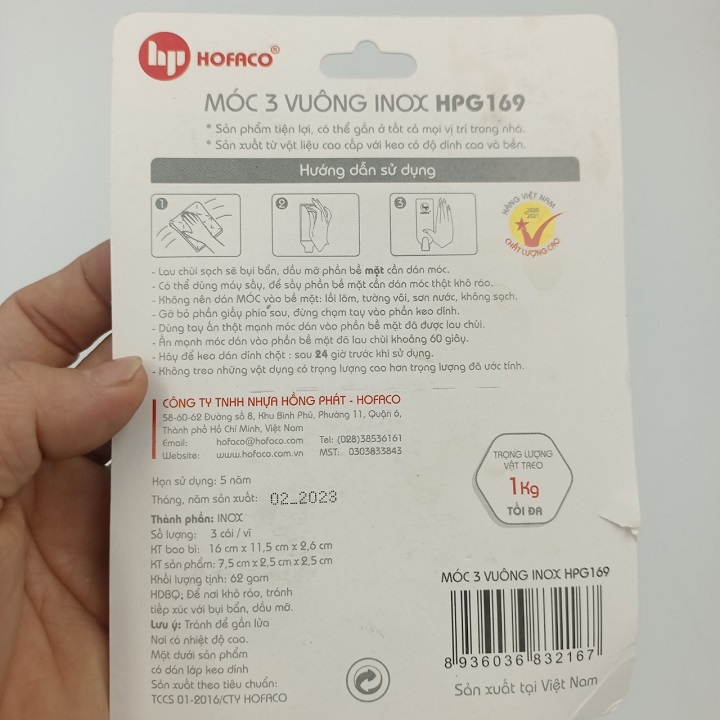Bộ 3 móc dán tường vuông inox xịn siêu chắc