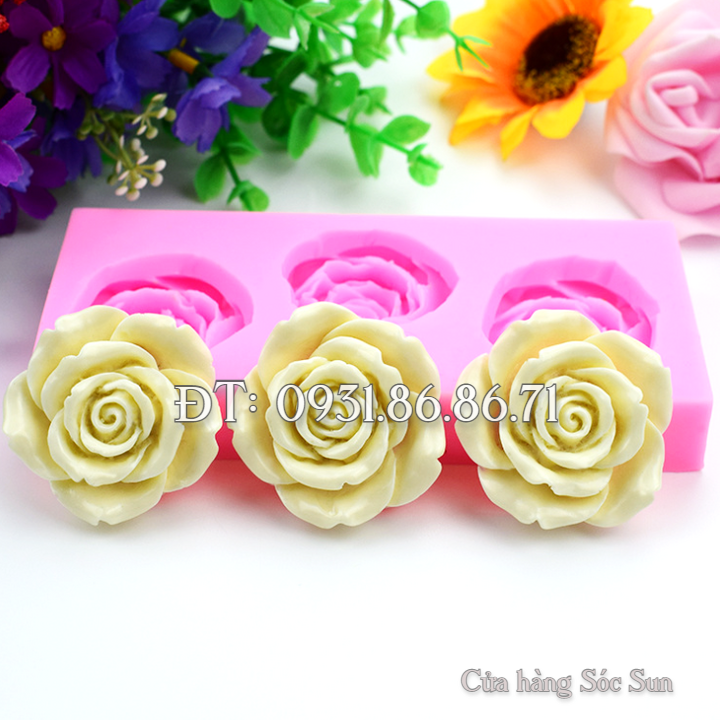 Khuôn silicon 3 hoa hồng cánh mỏng - Mã số 1674