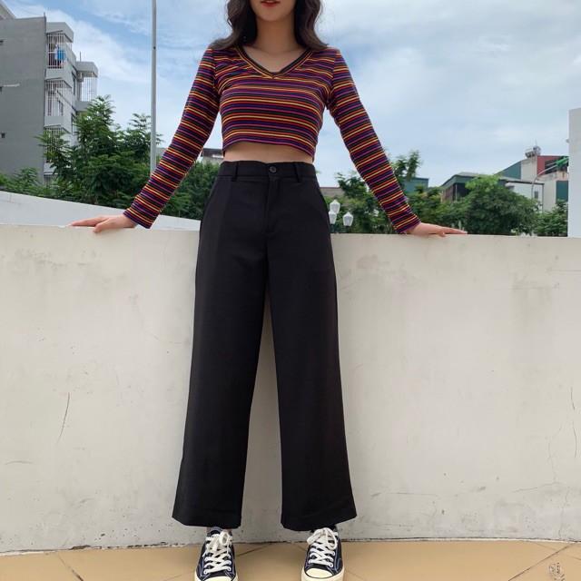 Quần ống suông culottes cài nút đen (Hàng có sẵn