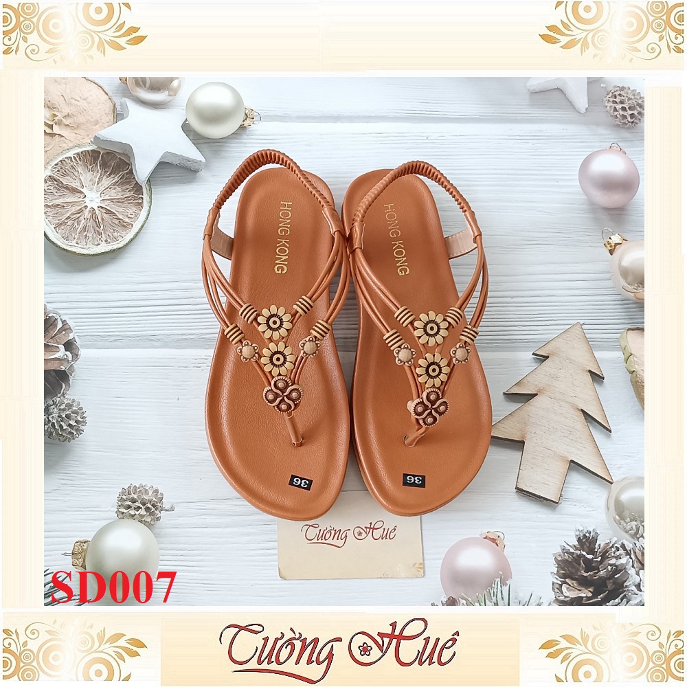 [Ảnh Thật 100%] Sandal Nữ Xỏ Ngón Quai Đính Hoa Đế Bệt - SD007