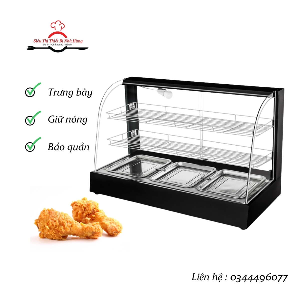 [Tủ 3 Khay] Tủ trưng bày và giữ nóng gà rán KFC, xúc xích, khoai tây chiên, humberger. Tủ trưng bày 3 tầng 3 khay