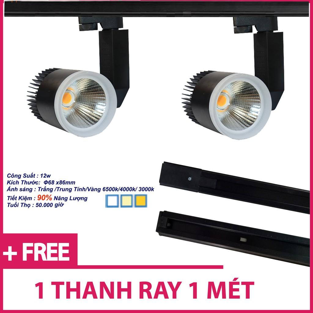 Bộ 2 Đèn Led Rọi Ray COB 12w Vỏ Đen Và 1 Thanh Ray 1M