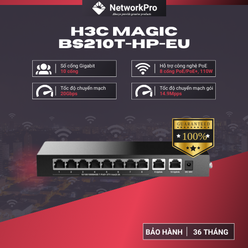 Bộ Chia Mạng Switch Để Bàn H3C BS210T-HP Hàng Chính Hãng 8 Cổng PoE/PoE+, 2 Cổng Uplink Gigabit