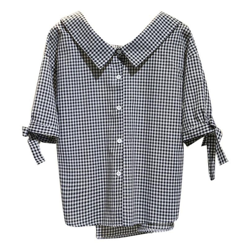 Áo sơ mi dáng rộng họa tiết in caro cài nút đơn cổ búp bê cho nữ