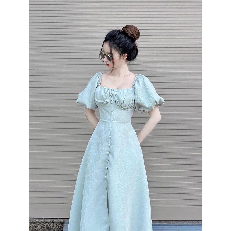 Đầm midi cổ vuông  cotton cát thái tay phồng nút bọc ivy.fashion đi biển dự tiệc dạo phố bigsize xếp ly ngực xẻ tà