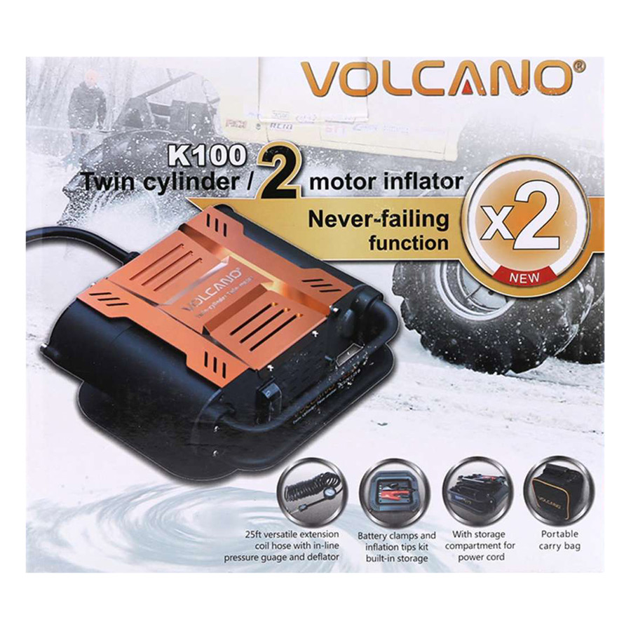 Máy Bơm Lốp Ô Tô 2 Xylanh Volcano K100 (Cam Phối Đen)