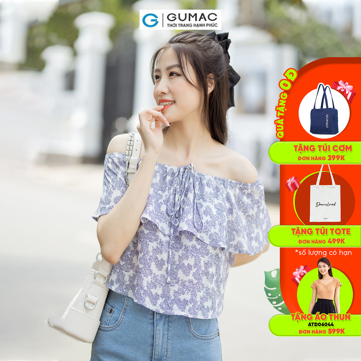 Áo kiểu trễ vai nữ tính trẻ trung thời trang GUMAC AD07020