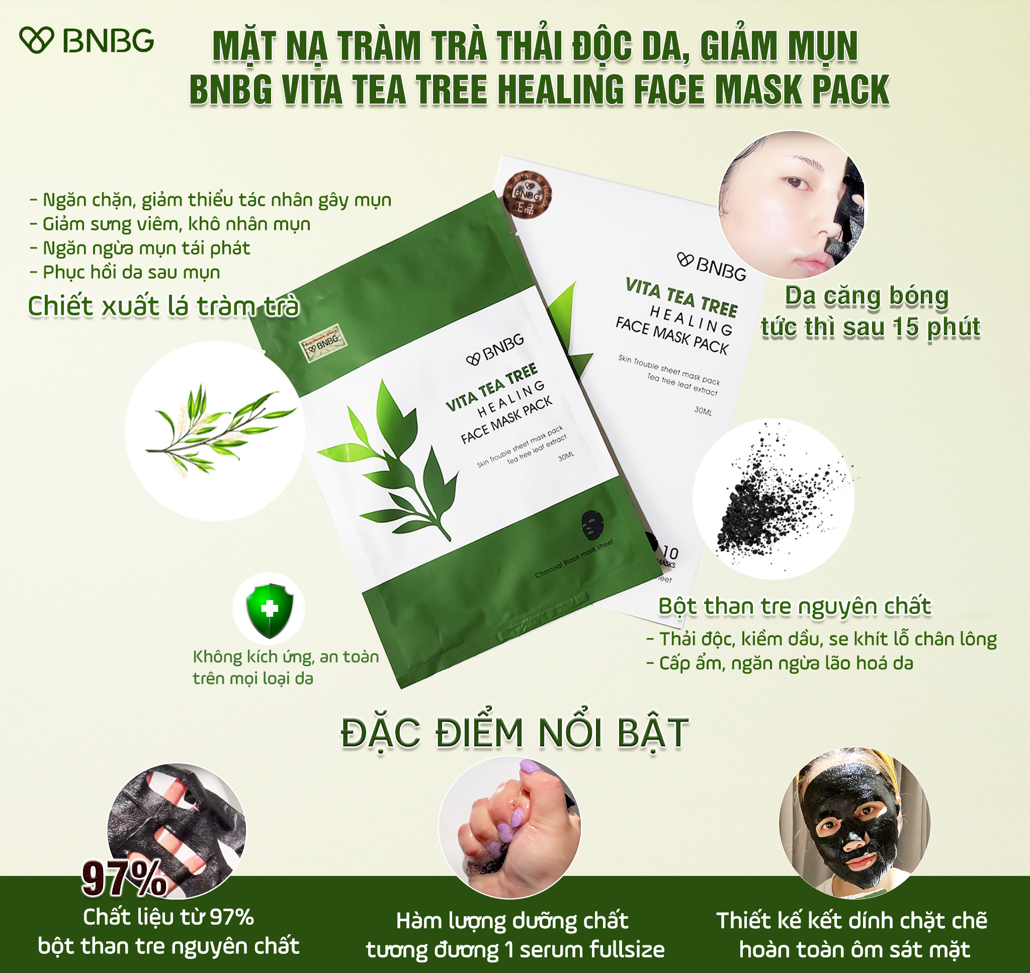 Combo 10 Mặt Nạ BNBG Tràm Trà Thải Độc Da, Giảm Mụn Vita Tea Tree Healing Face Mask Pack 30ml x10 Tặng Kèm 1 Băng Đô