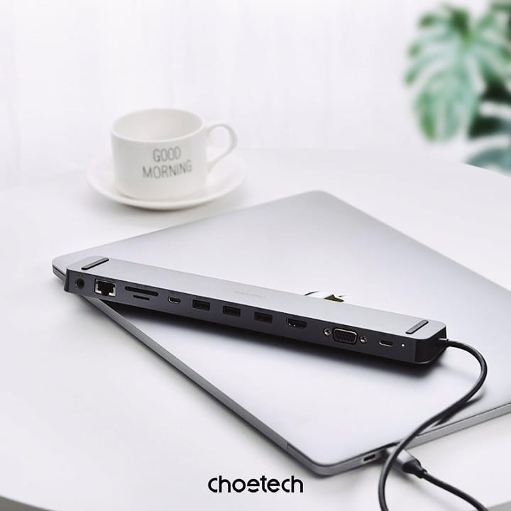 Hub chi cổng 100W PD Type-C DockSphere Pro Docking Station 11 in 1 cho Macbook/ Laptop Choetech M20 - HDMI 4K, VGA, PD 100W, RJ45 Gigabit, USB 3.0 5Gbps, SD/TF, AUX 3.5mm Vỏ nhôm, tối ưu tản nhiệt và có lớp chống trượt - Hàng nhập khẩu