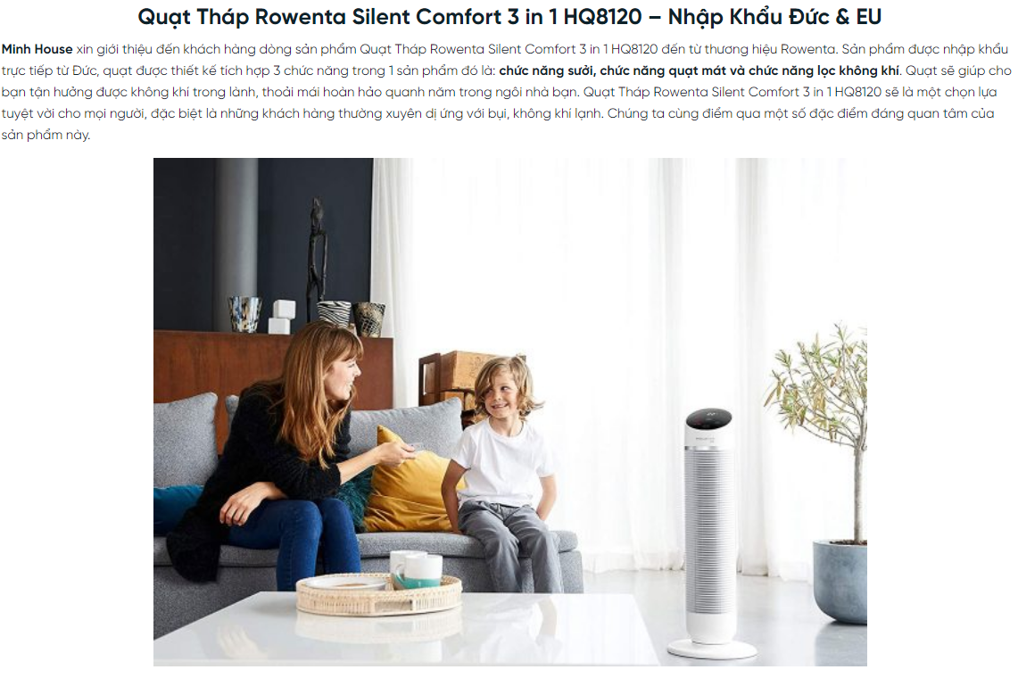 Quạt Tháp Rowenta 3in1 HQ8120, Quạt Sưởi, Quạt Mát, Máy Lọc Không Khí Lọc 99% Bụi Mịn Và Vi Khuẩn, Nhập Đức