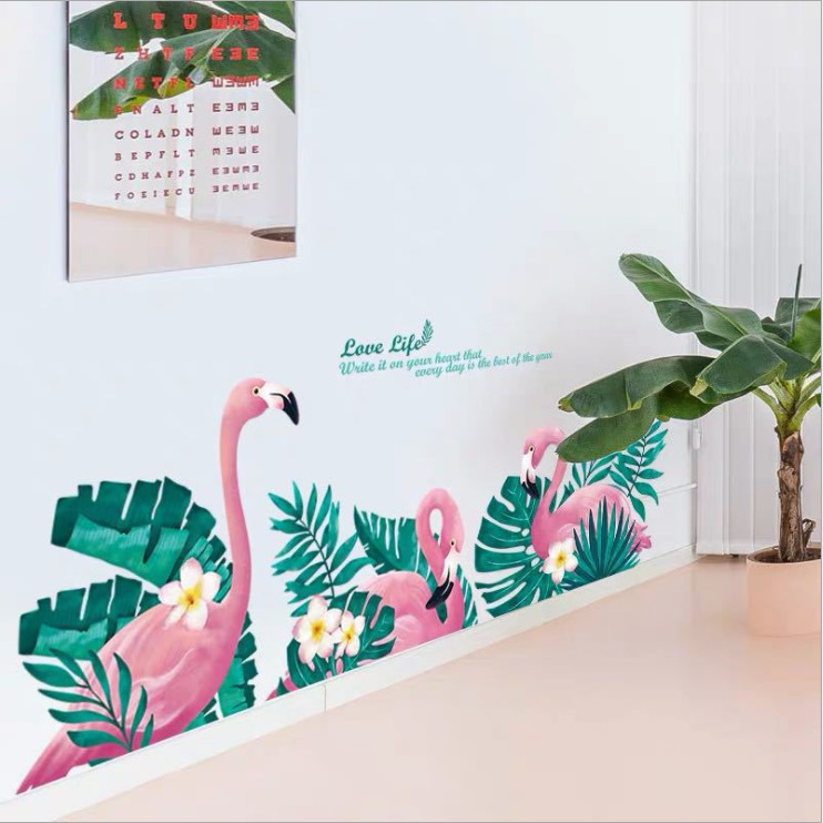 Decal dán tường 3D phong cách Hàn Quốc Hạc hồng và lá xanh, decan cao cấp có keo sẵn