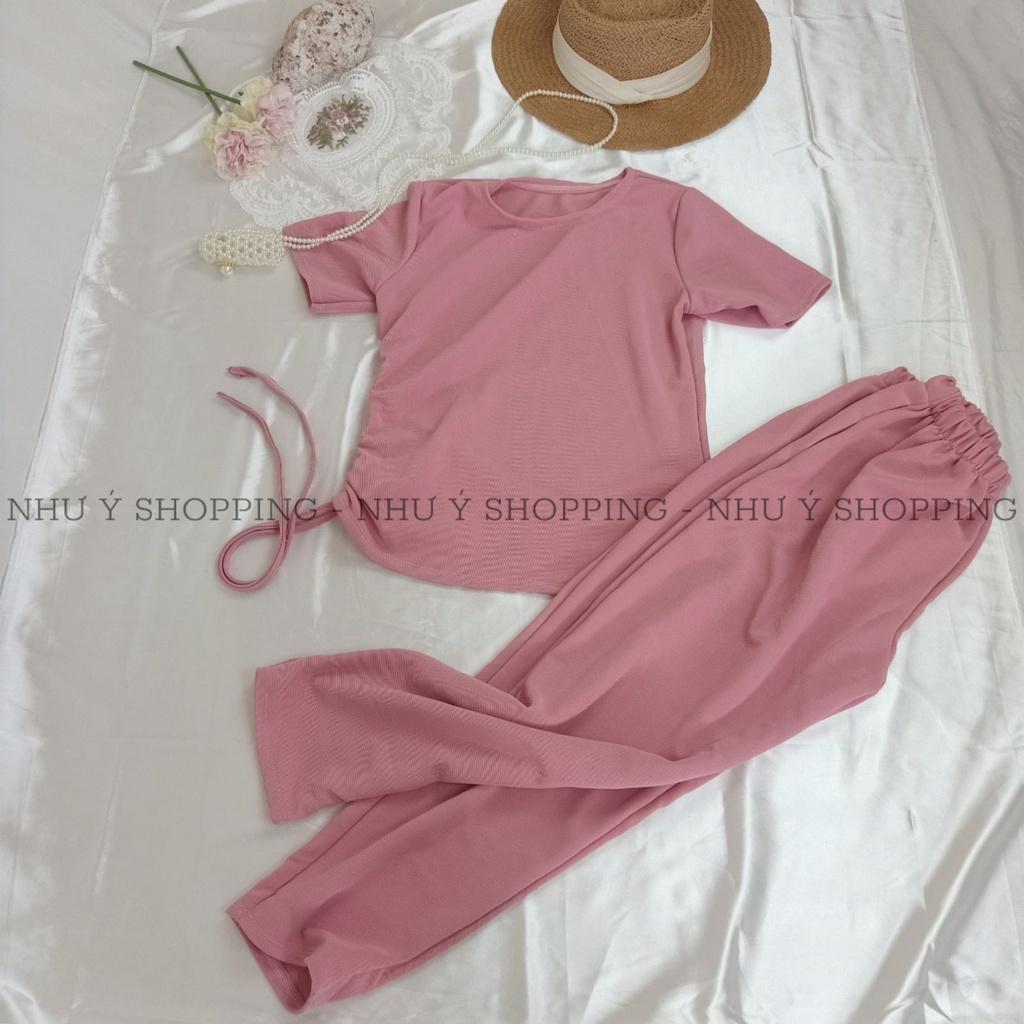 Bộ đồ nữ len tăm dây rút màu hồng cực xinh chất dày dặn free size dưới 55kg vừa