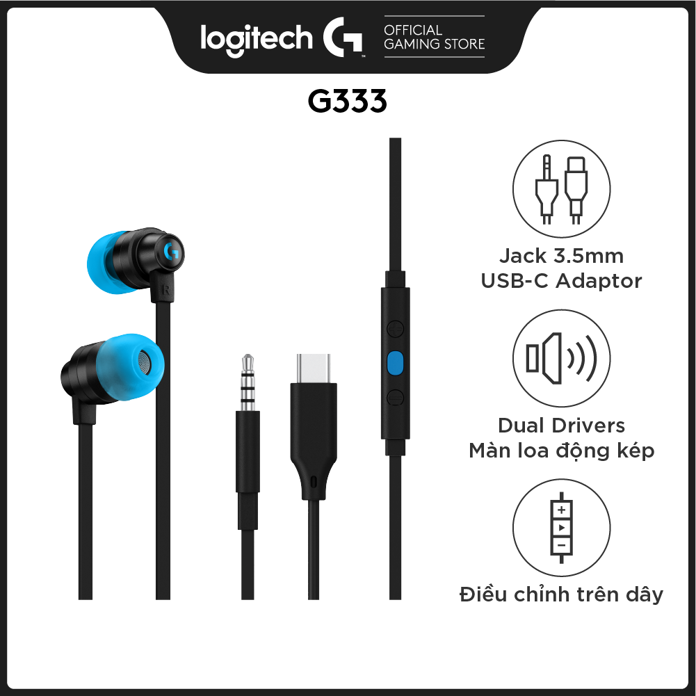 Tai nghe game in-ear Logitech G333 - màn loa động kép Dual Driver, độ bền cao, 3.5mm Aux, Mic và điều khiển trên dây -Hàng Chính Hãng