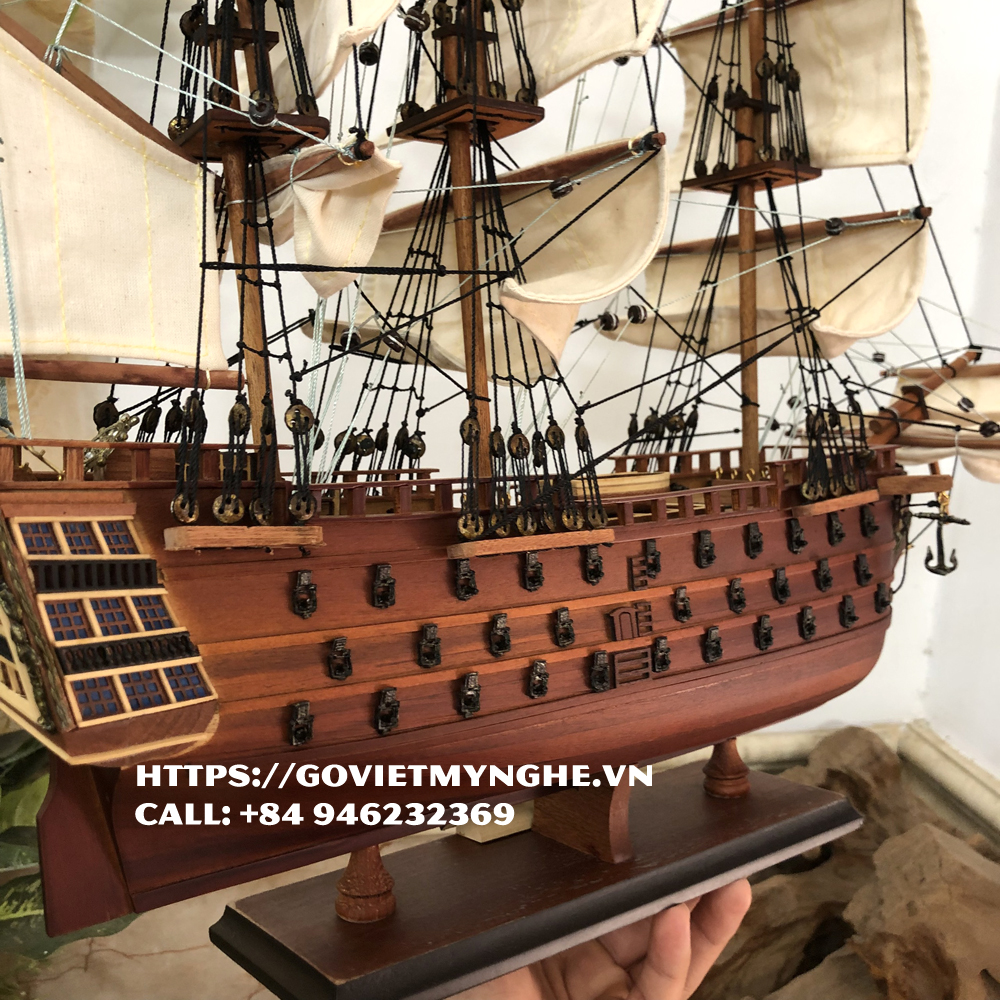 [HMS Victory] Mô hình thuyền gỗ thuyền trang trí tàu chiến cổ HMS Victory - Gỗ căm xe - Thân tàu dài 40cm - Buồm vải bố