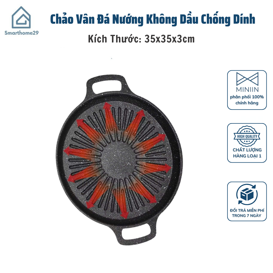 Chảo Vân Đá Nướng Không Dầu Chống Dính Size 34cm, Chảo Nướng Thịt BBQ Hàn Quốc Dùng Cho Mọi Loại Bếp - HÀNG CHÍNH HÃNG MINIIN