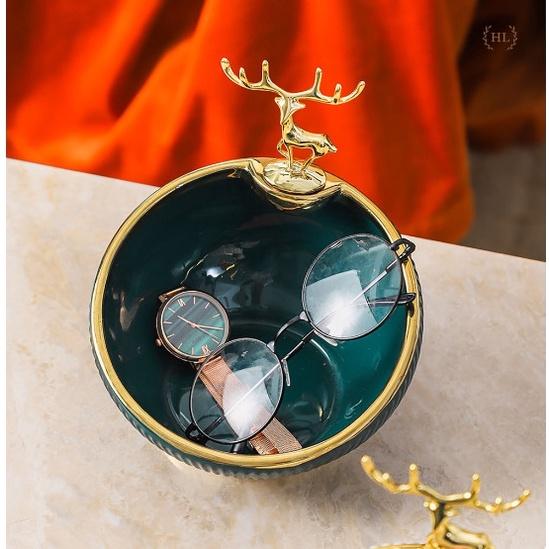 Bát Sứ Đựng Kẹo Phụ Kiện Decor 2022 | Âu Sứ Decor Kẻ Vàng Kim Vân Nổi Hình Hươu Mạ Vàng