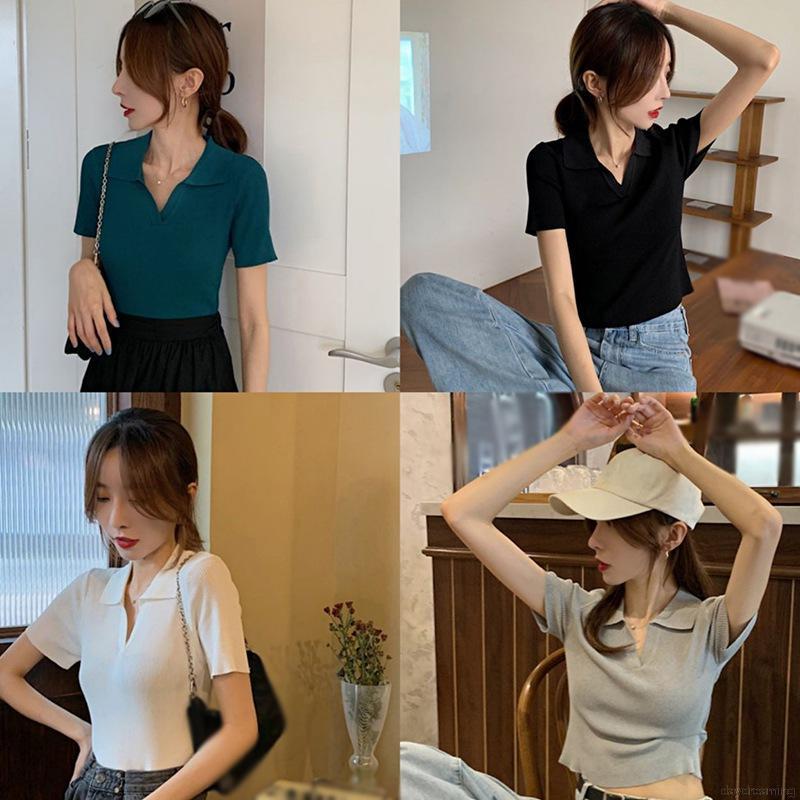 Áo Thun Dệt Kim Tay Ngắn Cổ Chữ V Màu Trơn Thanh Lịch