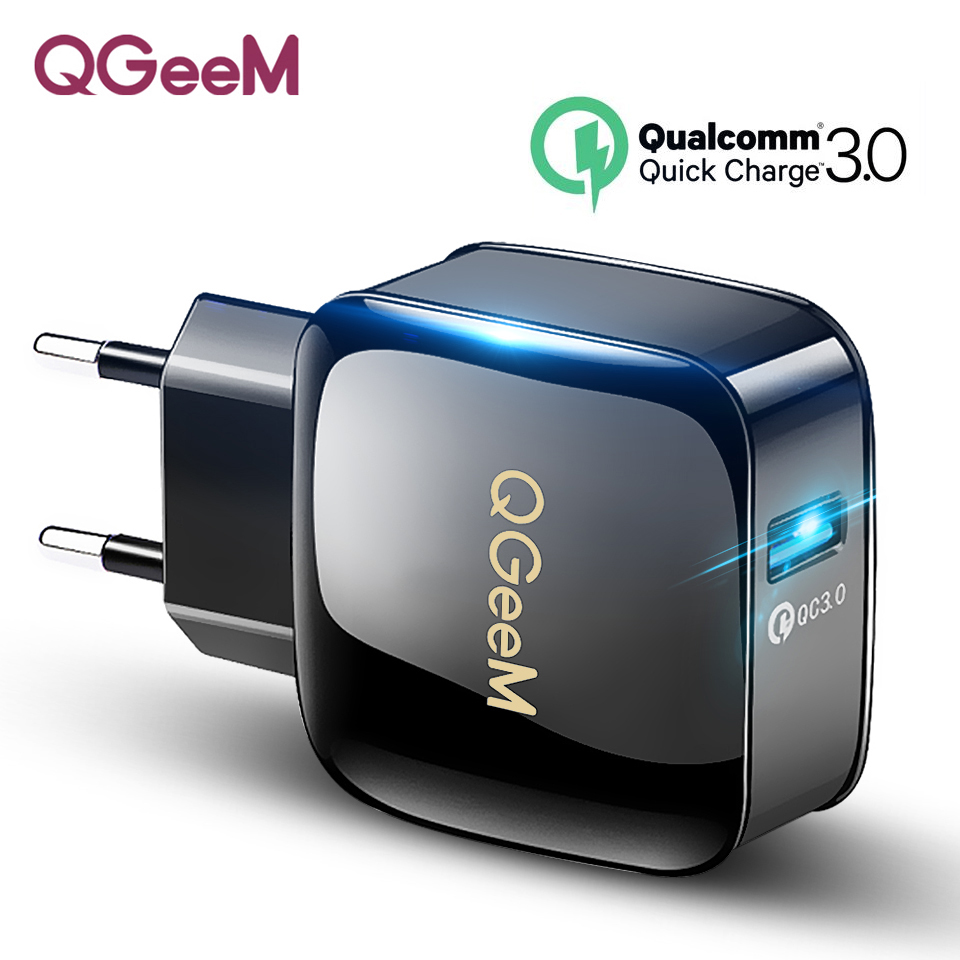 Củ sạc nhanh QGeeM 1 cổng USB hỗ trợ Quick Charge 3.0 cho iPhone EU plug 18W Adapter chuyển đổi sạc nhanh dành cho Samsung Xiaomi Huawei-Hàng chính hãng