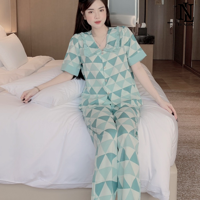 Bộ pijama cộc tay quần dài chất liệu lụa mango, bộ đồ ngủ nữ pyjama cổ bèo dễ thương DC22