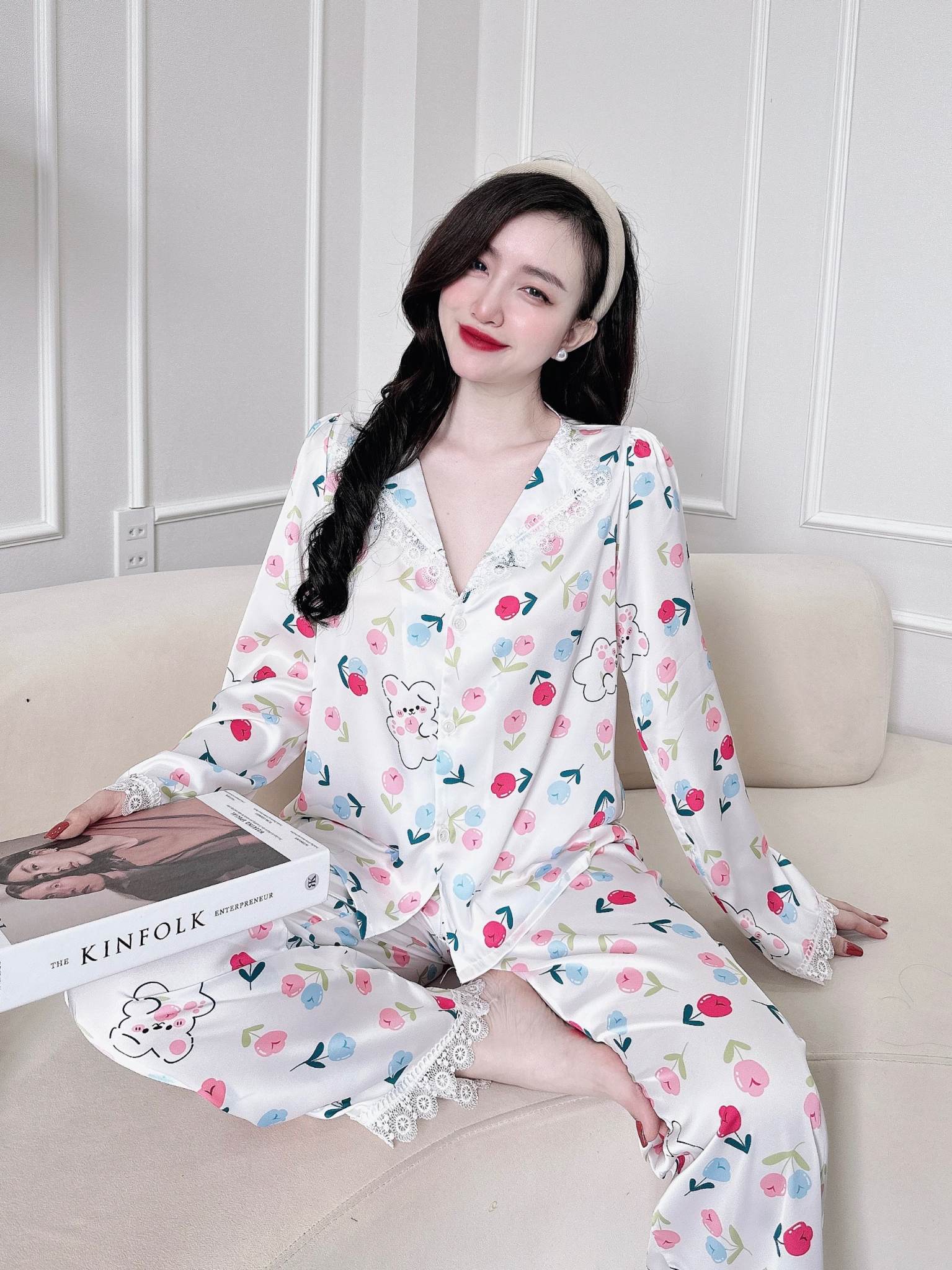 Bộ pyjama nữ lụa min phối ren siêu sang tay dài quần dài size M