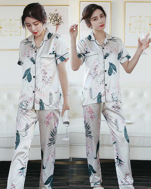 Bộ Pijama nữ quần dài chất phi lụa vải mềm mịn hoạ tiết hoa lá CDANP10