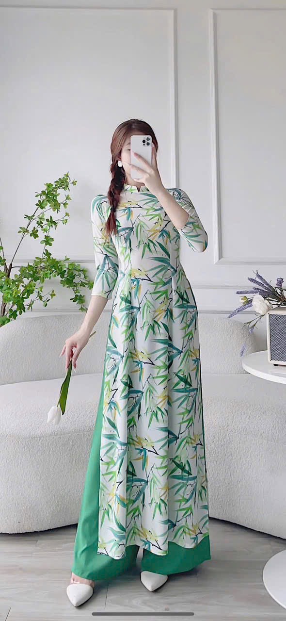 SÉT ÁO DÀI TRUYỀN THỐNG IN HỌA TIẾT LÁ TRE CAO CẤP
