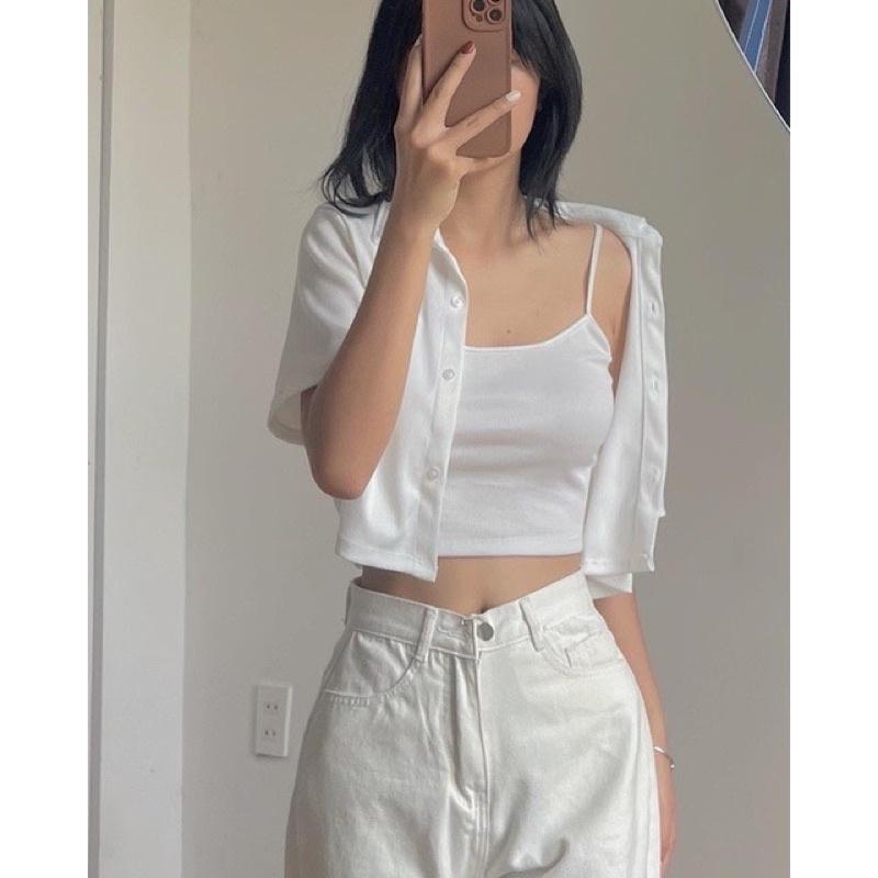 Set áo sơ mi croptop thun gân tăm mềm 2 in 1 nhiều màu Lovi