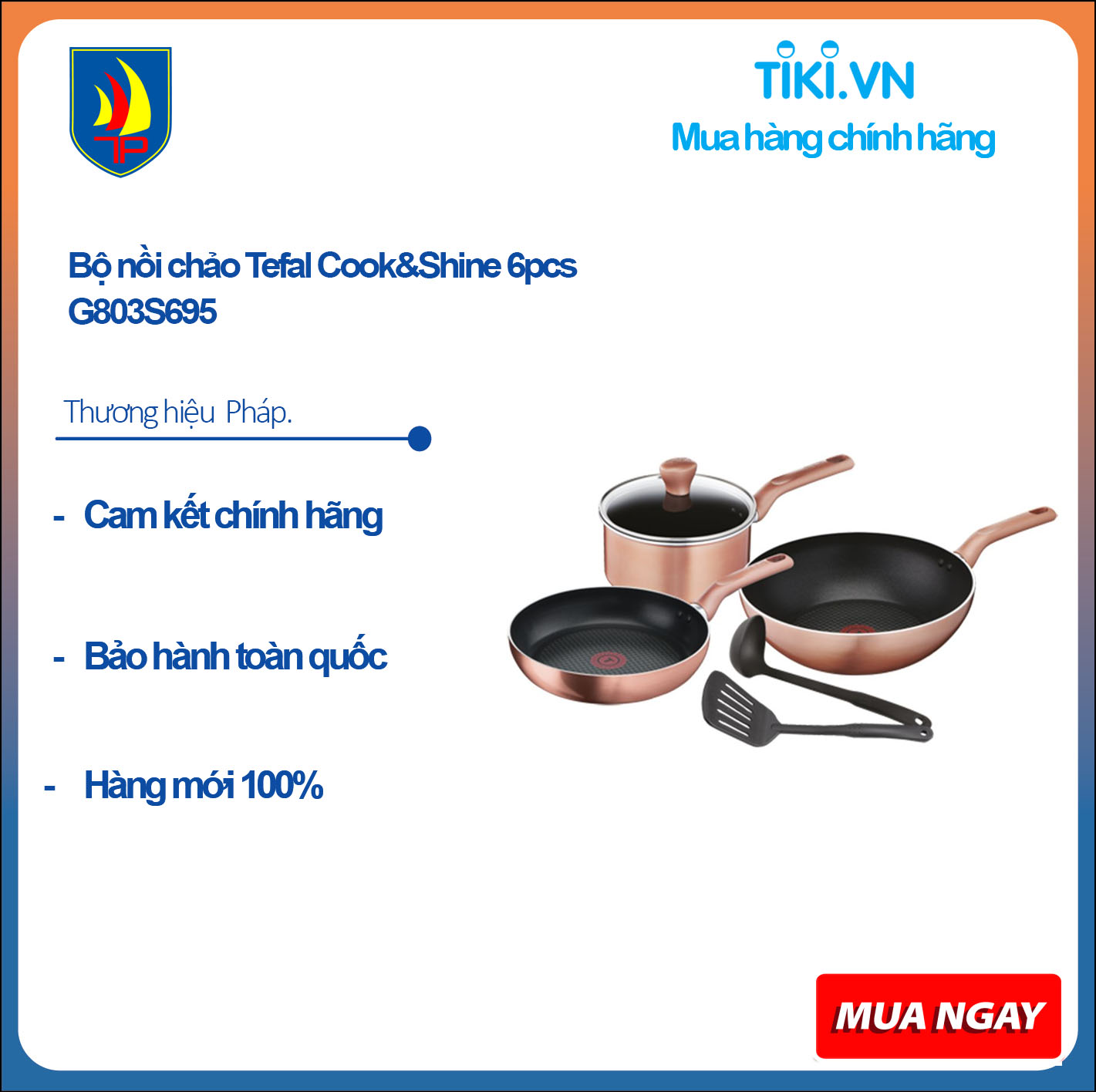 Bộ nồi chảo Tefal Cook&amp;Shine 6pcs G803S695 - gồm 1 chảo sâu, 1 chảo cạn, 1 nồi