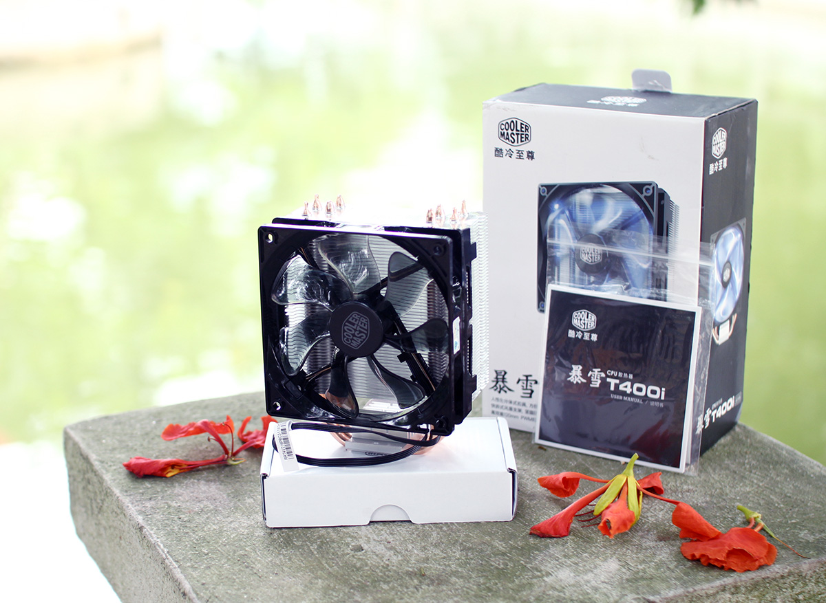 Bộ tản nhiệt khí Cooler Master T400i cỡ lớn dùng cho CPU intel, Fan 120mm có đèn Led, lõi đồng tương thích Socket 775, 115x, 1366, 2011, 2011-v3 - Tặng Kèm Móc Khóa 4Tech - Hàng Chính Hãng.