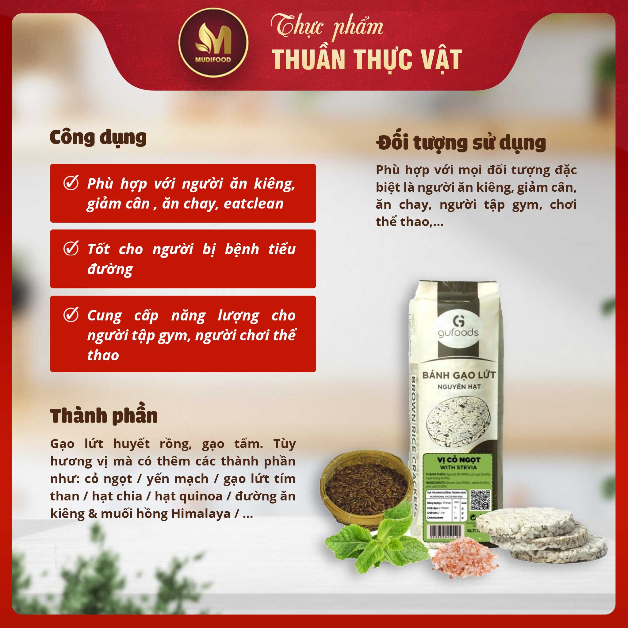 Bánh Gạo Lứt Ăn Kiêng GUfoods 170g - Vị Cỏ Ngọt - Tập Gym, Giảm Cân, Thực Dưỡng, Eat Clean