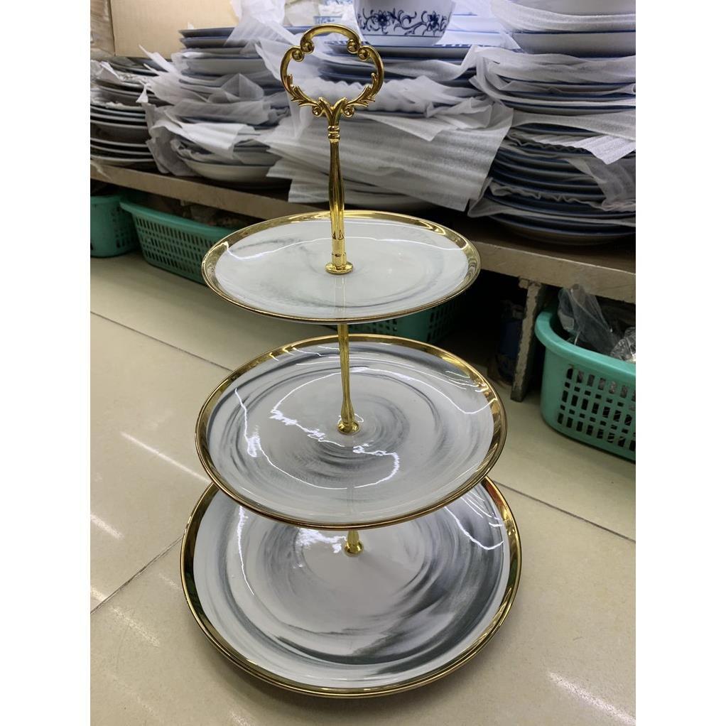 Khay sứ 2 tầng, 3 tầng đựng bánh kẹo hình tròn màu trắng xoáy ghi
