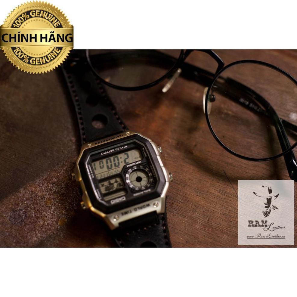 DÂY ĐỒNG HỒ DÀNH CHO CASIO AE1200 BUNDSTRAP DA BÒ THẬT ĐEN TUYỀN .
