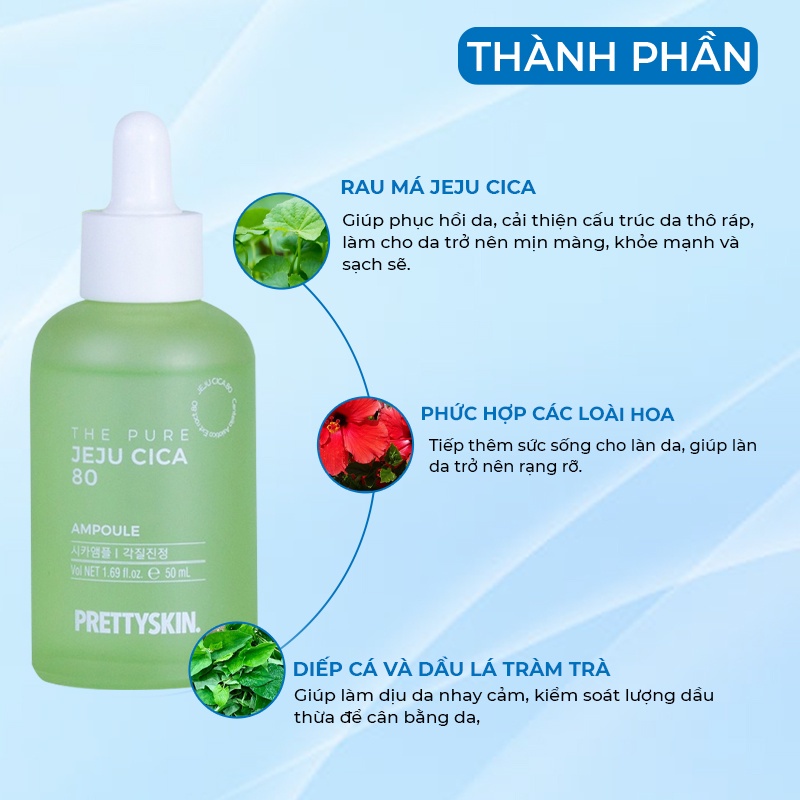 Tinh chất rau má Prettyskin The Pure Jeju Cica 80 Ampoule 50ml - hỗ trợ cải thiện mụn, trắng da, da căng bóng