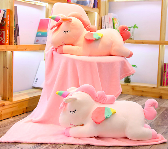 Gối ngủ văn phòng hình kì lân unicorn có cánh kèm chăn, 3 in 1 (gối, chăn, tựa lưng) gối 55x30x20cm +chăn 1mx1m7