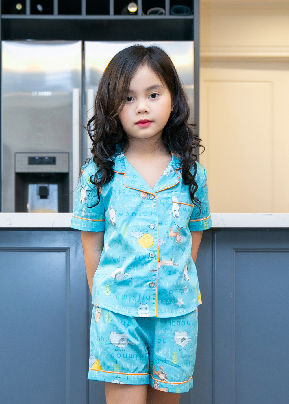Bộ mặc nhà Pijama bé gái màu xanh họa tiết hình thú