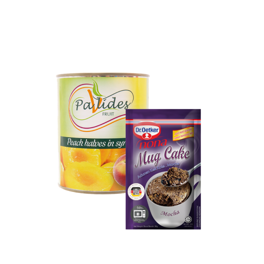 COMBO 1 Hộp Bột Làm Bánh Mug Cake Mocha Dr.Oetker 50g + 1 Lon Đào Ngâm Đường Pavlides 820g