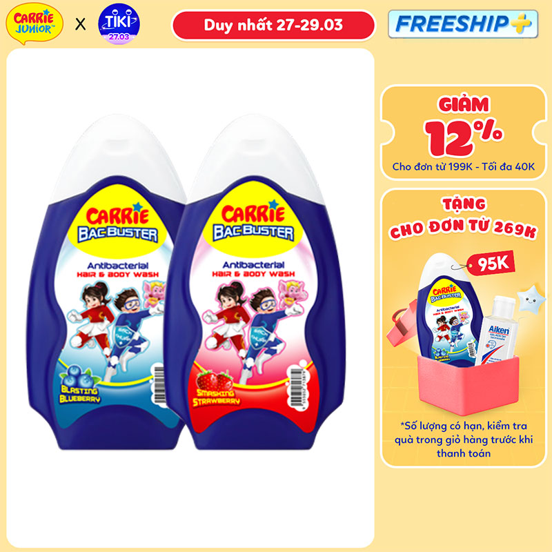 Combo 2 sữa tắm Bacbuster Carrie Junior hương Strawberry + Blueberry (280g x 2)