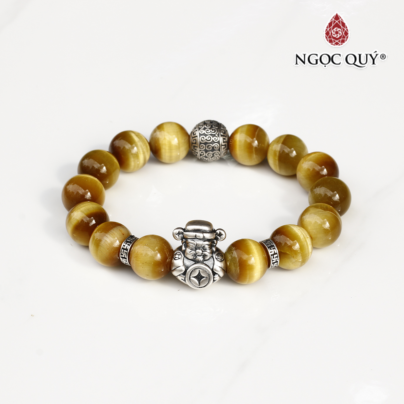 Vòng thạch anh mắt hổ vàng tâm AAA 12mm phối charm thần tài mệnh thổ , kim - Ngọc Quý Gemstones