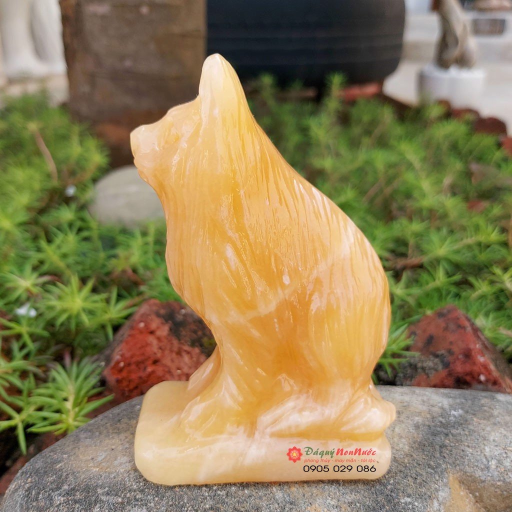 Tượng mèo đá tuổi Mão 12 con giáp phong thủy đá ngọc hoàng long 10cm đá Non Nước